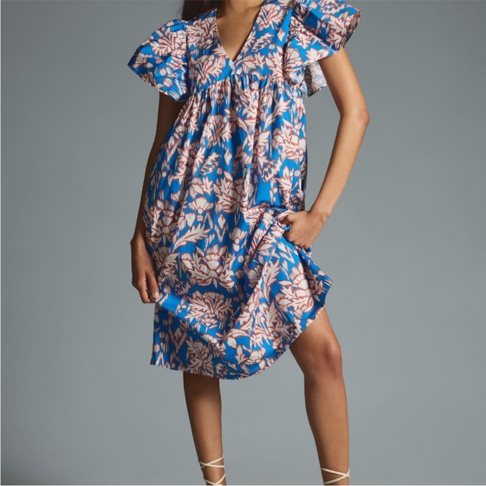 Maeve Blue Midi Dress with Pink Floral Print - Picture 1 of 12